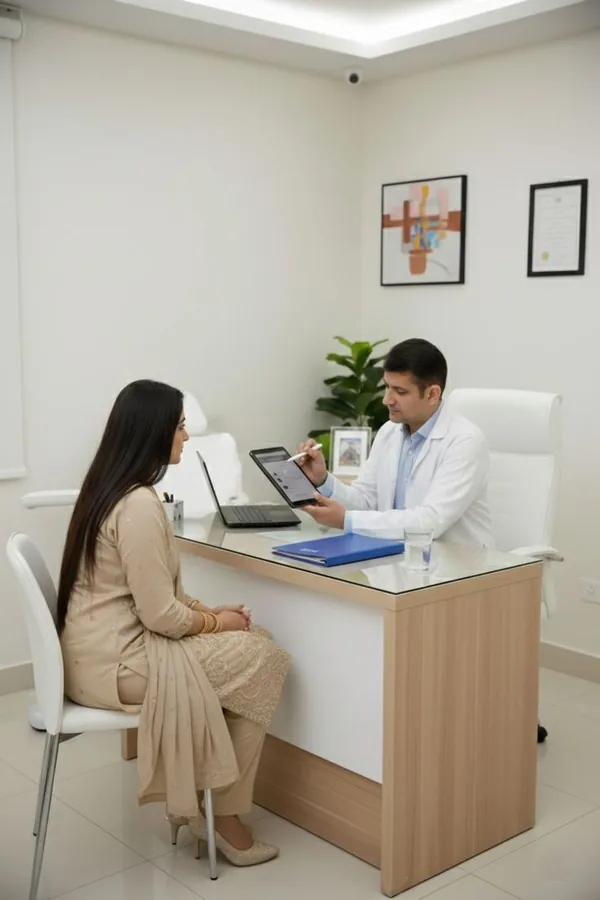 A doctor reviewing notes with a patient in a private consultation room